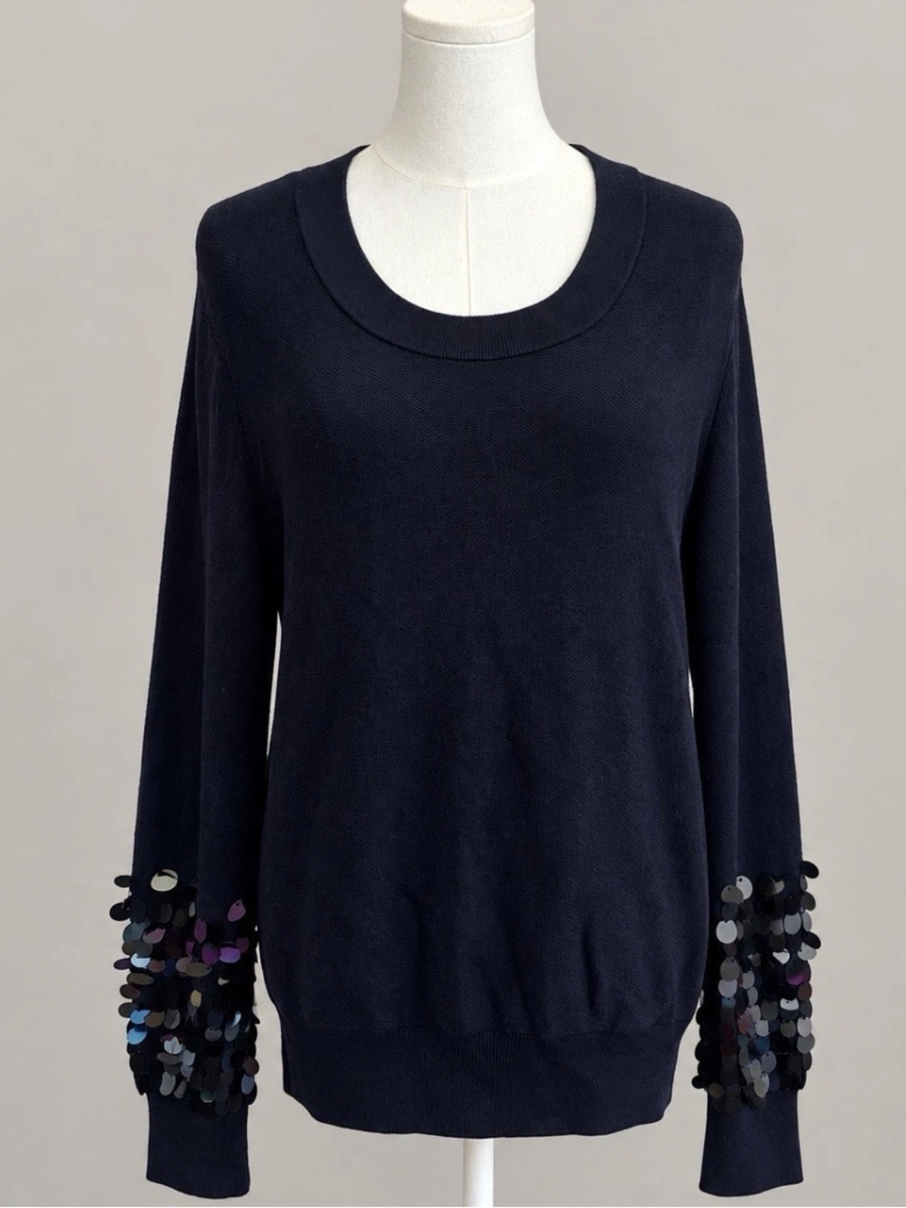 Zara Knit Sequin Sleeve Sweater Womens L Navy Blue Holiday Party Pullover